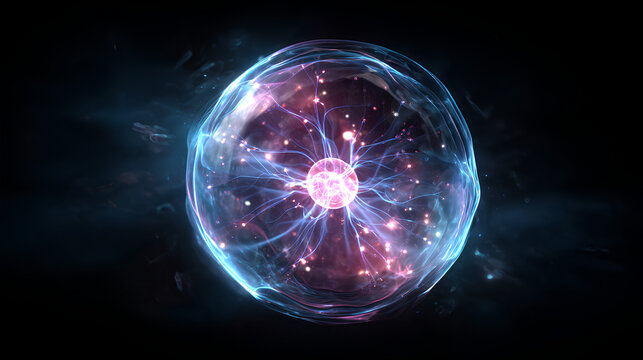 Abstract energetic glowing plasma ball electric multicolored charges inside neon blue magic sphere particles dark background glass shiny orb electricity cosmic energy sci fi visual Stock Illustration