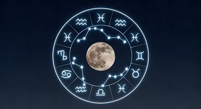 Zodiac Wheel with Full Moon and Constellations on Starry Night Background
