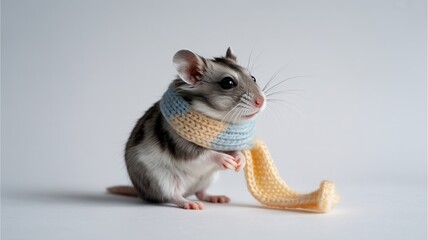 Fototapeta premium Cute Hamster Knitted Scarf Studio Photo White Background, Funny Hamster Knitted Scarf Cozy Winter Portrait, Adorable Pet Hamster Knitted Scarf Minimalist Photography