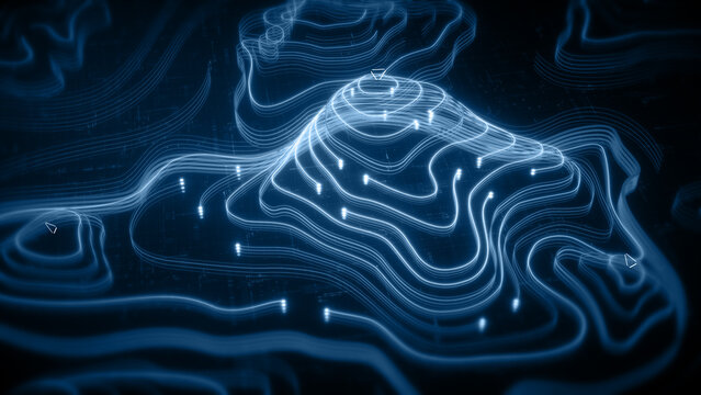 Futuristic holographic topographic environment featuring dynamic geomorphological terrain visualization, integrated into an advanced motion graphic user interface with a head-up display screen