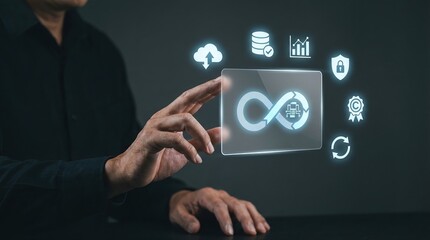 DevOps software development automation digital transformation cloud computing data management cybersecurity interface for business innovation and futuristic technology workflow.