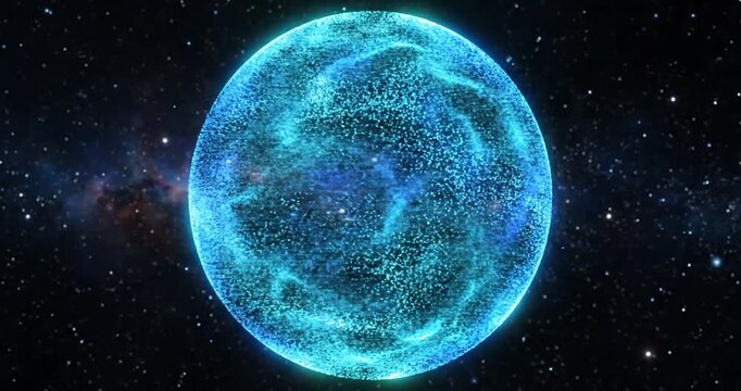 Abstract blue particle globe glowing in dark starry space