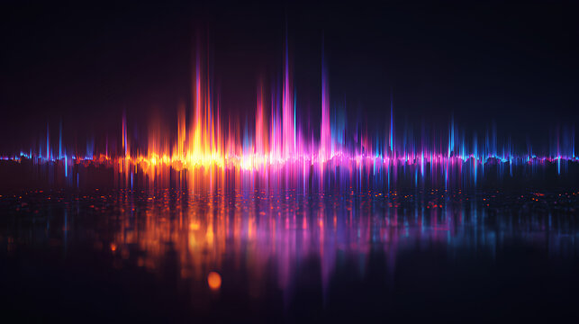 Abstract neon background glowing sound waves motion purple orange blue audio waves noise frequency waveform music track voice recording audio spectrum futuristic digital aesthetic cinematic 