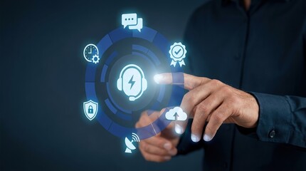 Customer Service, Technical Support, Call Center, Communication, Digital Interface, IT Assistance, Business Technology concept. Businessman interacting with futuristic virtual icons.