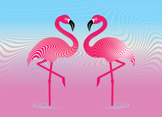 Obraz premium Wonderful flamingo with wavy pattern on sunset background