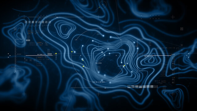 Futuristic holographic topographic environment featuring dynamic geomorphological terrain visualization, integrated into an advanced motion graphic user interface with a head-up display screen