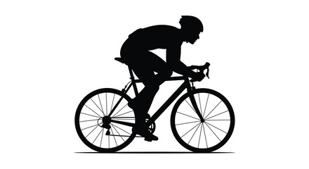 Naklejka premium A dynamic black silhouette depicts a cyclist in motion leaning forward with focused determination silhouette high quality professional