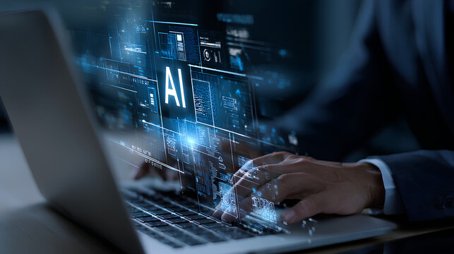 AI agent data tools and workflow automation concept with businessman typing on laptop and interacting with digital process interface for artificial intelligence development, integration, productivity 