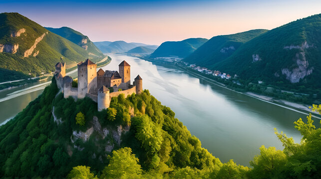 Beautiful landscape with Aggstein castle ruin and Danube river at sunset in Wachau walley Austria. Amazing historical ruins. Original german name is Burgruine aggstein. Little castle in english.