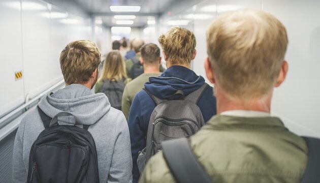 Back view of male tech consultants with backpacks walking through airport jet bridge to board a flight, concept for business travel, corporate relocation and global networking