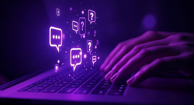 Hands Typing on Laptop Keyboard with Glowing Purple Speech Bubbles and Question Mark Icons Representing AI Chatbot, Digital Communication, and Online Customer Support