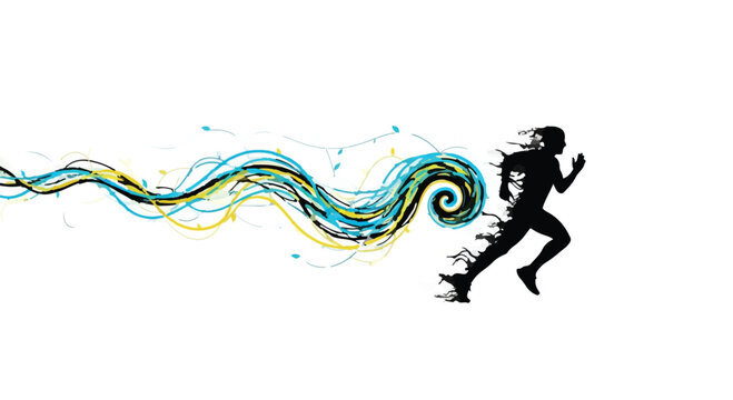 Dynamic silhouette of a runner with colorful abstract trails flowing behind, symbolizing speed and energy