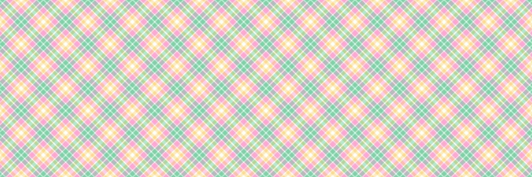 Seamless pastel plaid pattern with argyle gingham checks in pink, mint green, and yellow. Classic plaid background perfect for spring textiles, scrapbooking, and festive gift wrap.