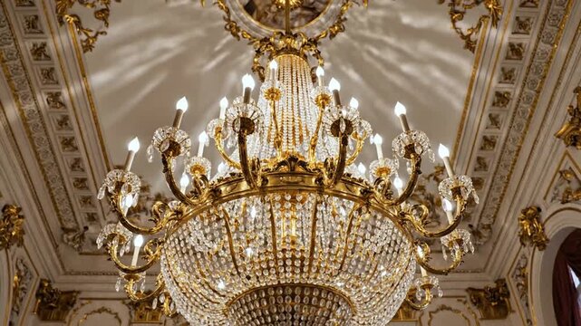 Ornate gold and crystal chandelier illuminating a grand decorated ceiling