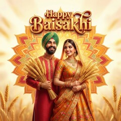 Obraz premium Indian couple celebrating Happy Baisakhi festival in traditional attire holding wheat sheaves golden background social media poster design