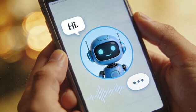 Smartphone displaying chatbot bot icon with ai voice assistant and message bubbles showing hello in app interface
