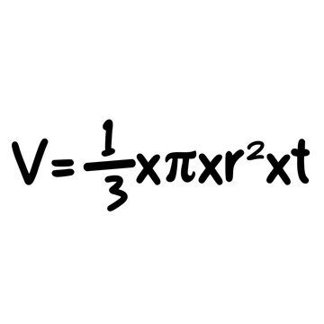 Handwritten cone volume formula V equals one third pi r squared times t isolated background.