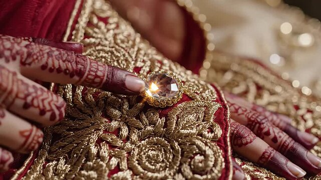 Indian bride hand with mehndi touching shimmering crystal embroidery on traditional red bridal lehenga fabric detail