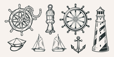 Nautical themed illustration featuring ship wheels a lighthouse and sailing vessels © Tithi