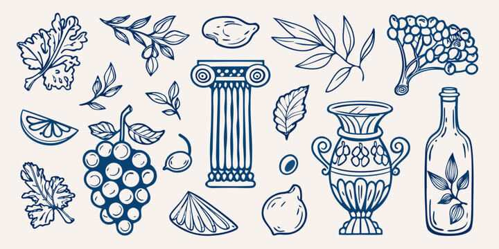 Hand drawn botanical and classical elements in a blue line art style