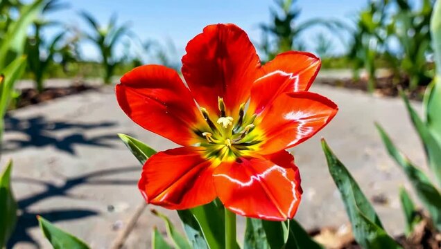 Red tulip blooms beside a paved path in daylight