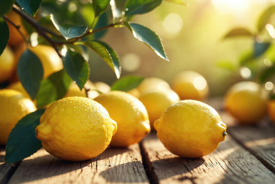 Limoni freschi con foglie verdi su tavolo di legno alla luce del sole. Generative AI 