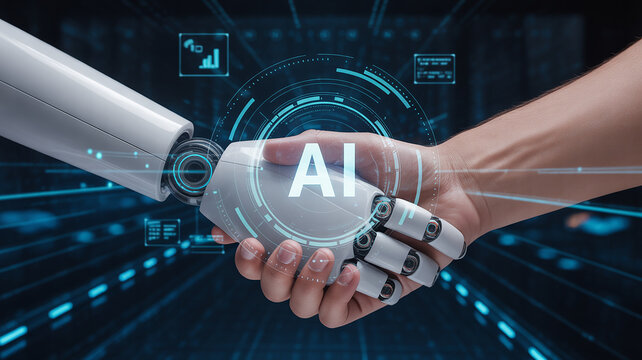 Robot hand and human hand shaking in agreement with digital AI interface overlay