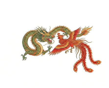  Drawing illustration of the dragon and phoenix pattern in traditional Chinese style,