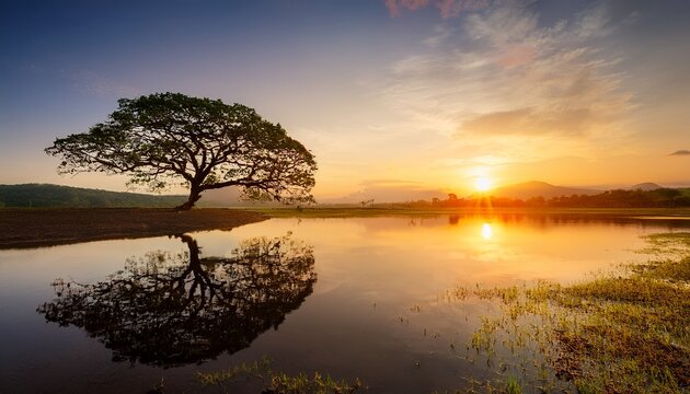 Sunset Over Calm Lake With Rain Tree And Its Reflection Creating Peaceful And Warm Golden Atmosphere In Nature