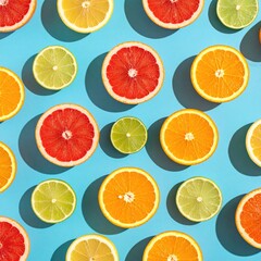 Obraz premium Overhead view of sliced citrus fruit against a bright blue background