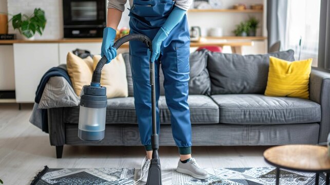 Person in blue overalls and gloves vacuums a living room rug, gray couch in background