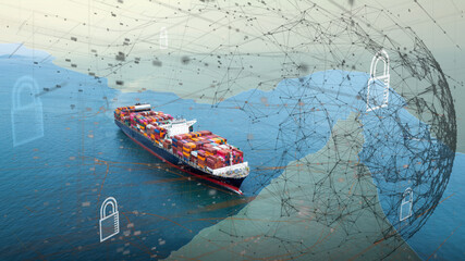 container ship with digital security lock and network overlay.Concept of maritime trade protection,...