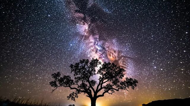 Silhouette of a lone tree standing against the breathtaking Milky Way at night