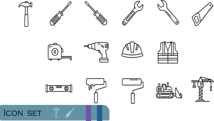 Print Essential Home Improvement and Construction Tool Icon Set Featuring Manual Hand Tools Power Drills Safety Gear and Heavy Machinery © Rahim