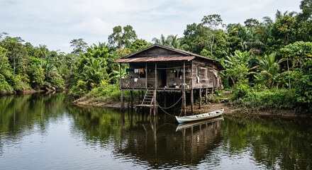 Obraz premium Rustic Wooden Stilt House on Riverbank with Small Boat in Tropical Rainforest