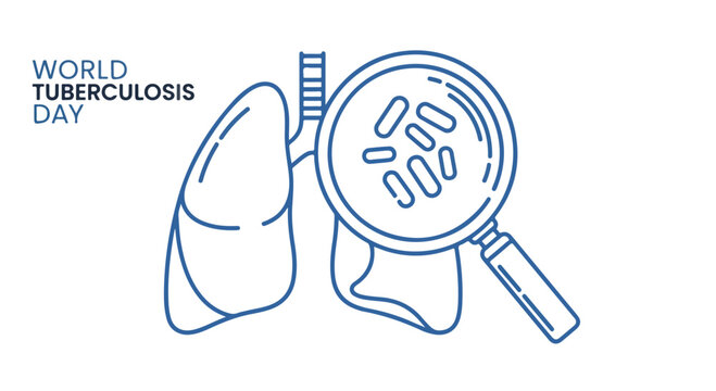 Line drawing of lungs and magnifying glass on World Tuberculosis Day with blue lines on white background