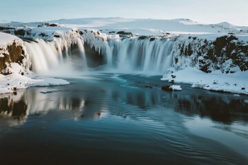 Obraz premium Snow-covered waterfall cascading into a calm river in a winter landscape