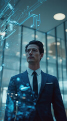 Fototapeta premium Businessman artificial intelligence hologram technology future office digital visionary businessman artificial intelligence