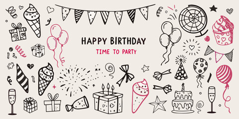 Colorful hand drawn birthday illustrations with balloons cake and party elements © Ganesh