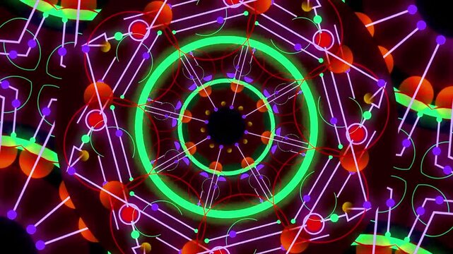 Neon green concentric circles animation with vibrant purple and red geometric patterns in motion graphics video