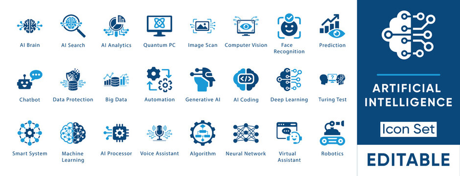 Artificial intelligence icon set. Containing machine learning, generative AI, deep learning, neural network, quantum PC, chatbot, robotics. Solid vector icons.