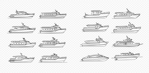 Set of various hand-drawn boat and yacht illustrations, perfect for nautical designs and maritime themes. © Lunara Arts