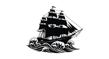 A majestic tall ship sailing through turbulent waves depicted as a striking black silhouette high quality professional detailed © MIRAJ02