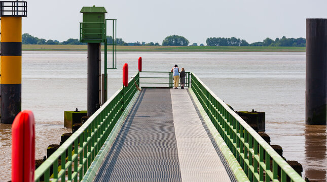 Freilaufkanal, the free-running canal with catwalk on the Weser River, Bremerhaven, Germany. 