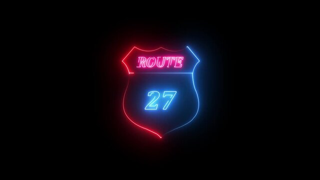 Neon Route 27 Shield Sign Illuminated on Black Background neon sign highway