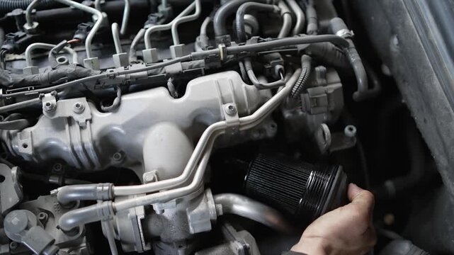 Car mechanic doing service and maintenance changing oil and fuel filters