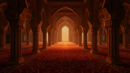Obraz premium Grand Islamic Hallway with Archways, Red Carpet, and Illuminated Window