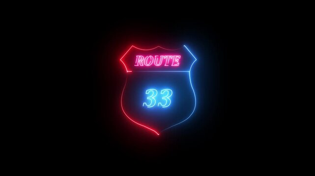 Glowing Neon Route 33 Shield Sign with Red and Blue Lights on Black neon sign highway
