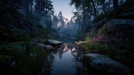 Pristine Forest Stream In Misty Dawn