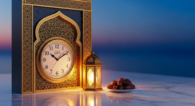 Luxury Ramadan Prayer Time Clock with Golden Lantern and Copy Space